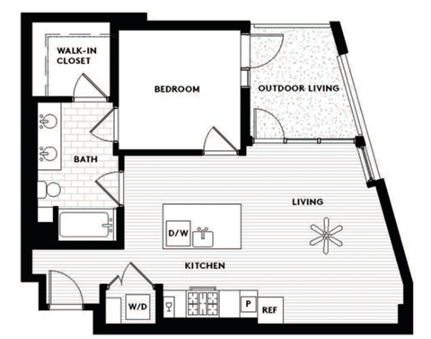 Floor plan for 1 bed, 1 bath, 755 sqft